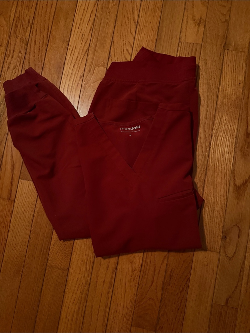 Women's Mandala V-Neck Scrub Top and Jogger Pant Set - Deep Red